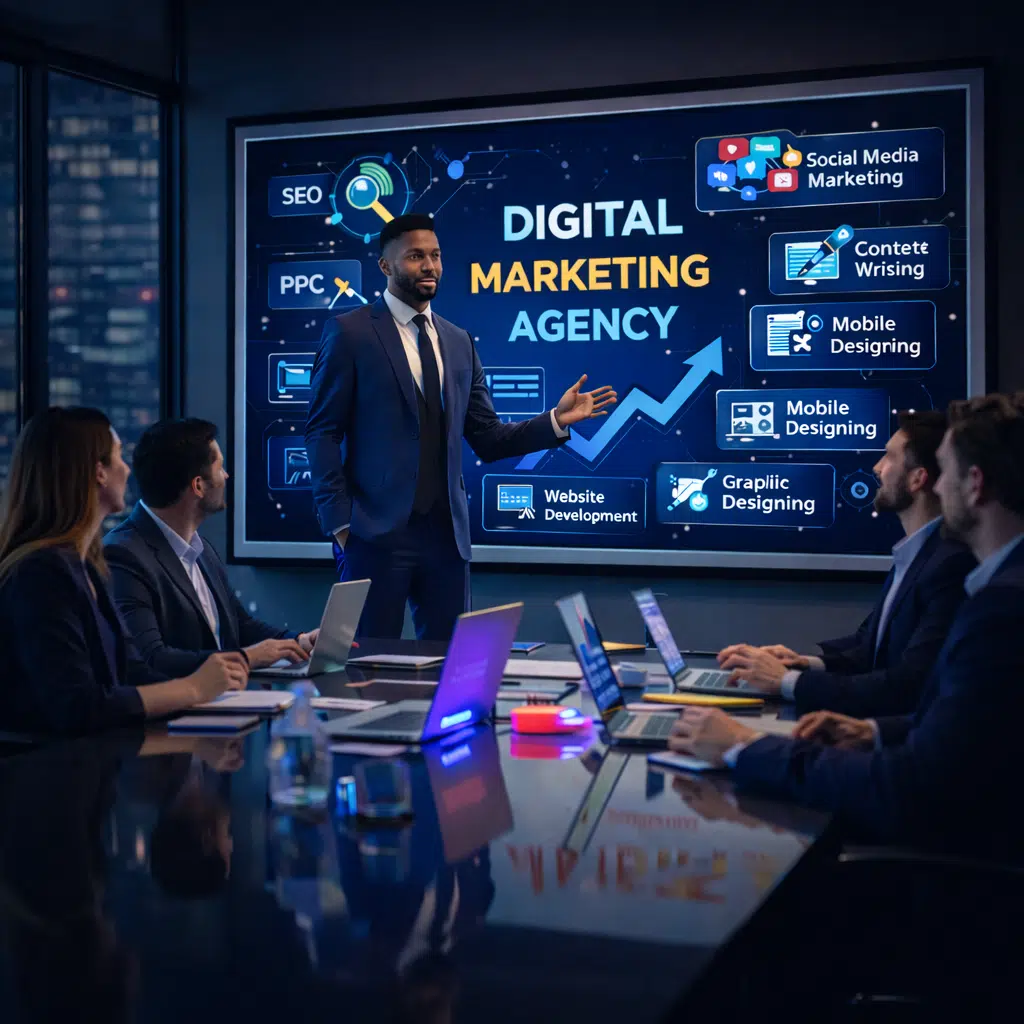 Digital marketing agency team presenting SEO, PPC and website growth strategy