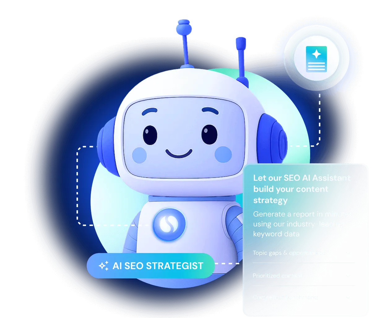 AI SEO strategist assistant showing content strategy and keyword growth